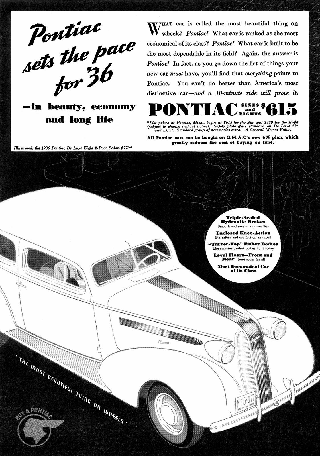 Pontiac De Luxe Eight 2-Door Touring Sedan Ad (1936): Pontiac sets the pace for '36 - in beauty, economy and long life