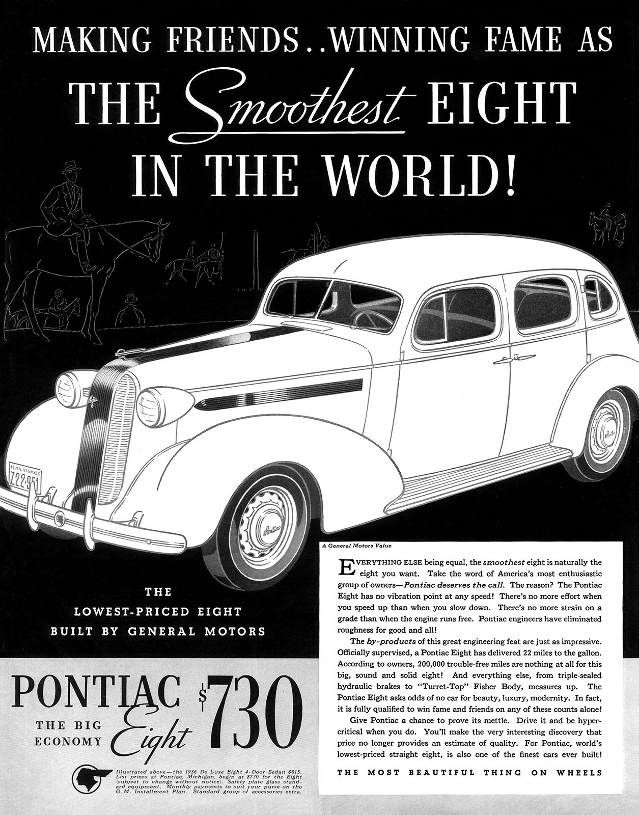 Pontiac De Luxe Eight 4-Door Sedan Ad (June, 1936): Making Friends..Winning Fame as the Smoothest Eight in the World!