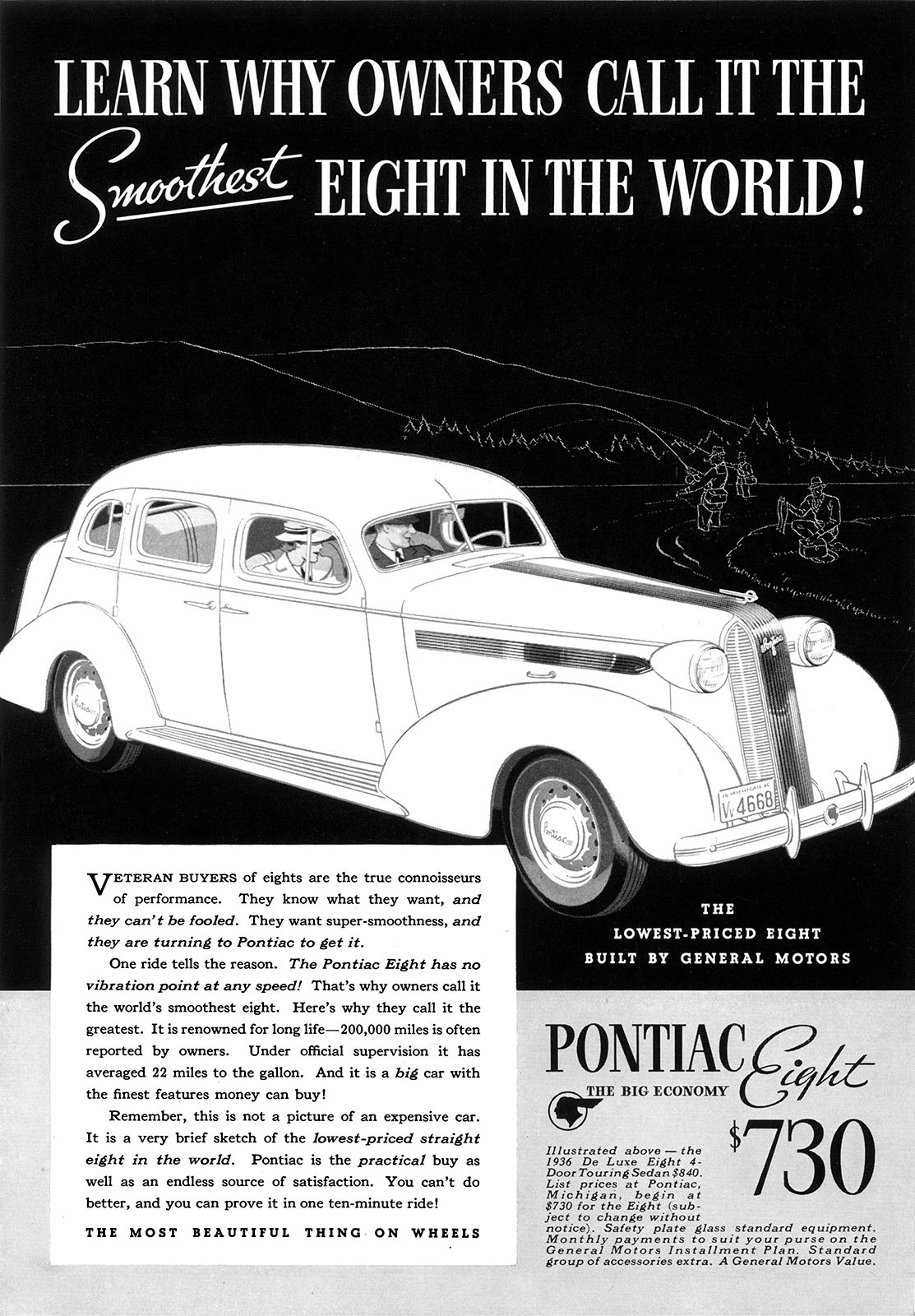 Pontiac De Luxe Eight 4-Door Touring Sedan Ad (May, 1936): Learn Why Owners Call It the Smoothest Eight in the World!