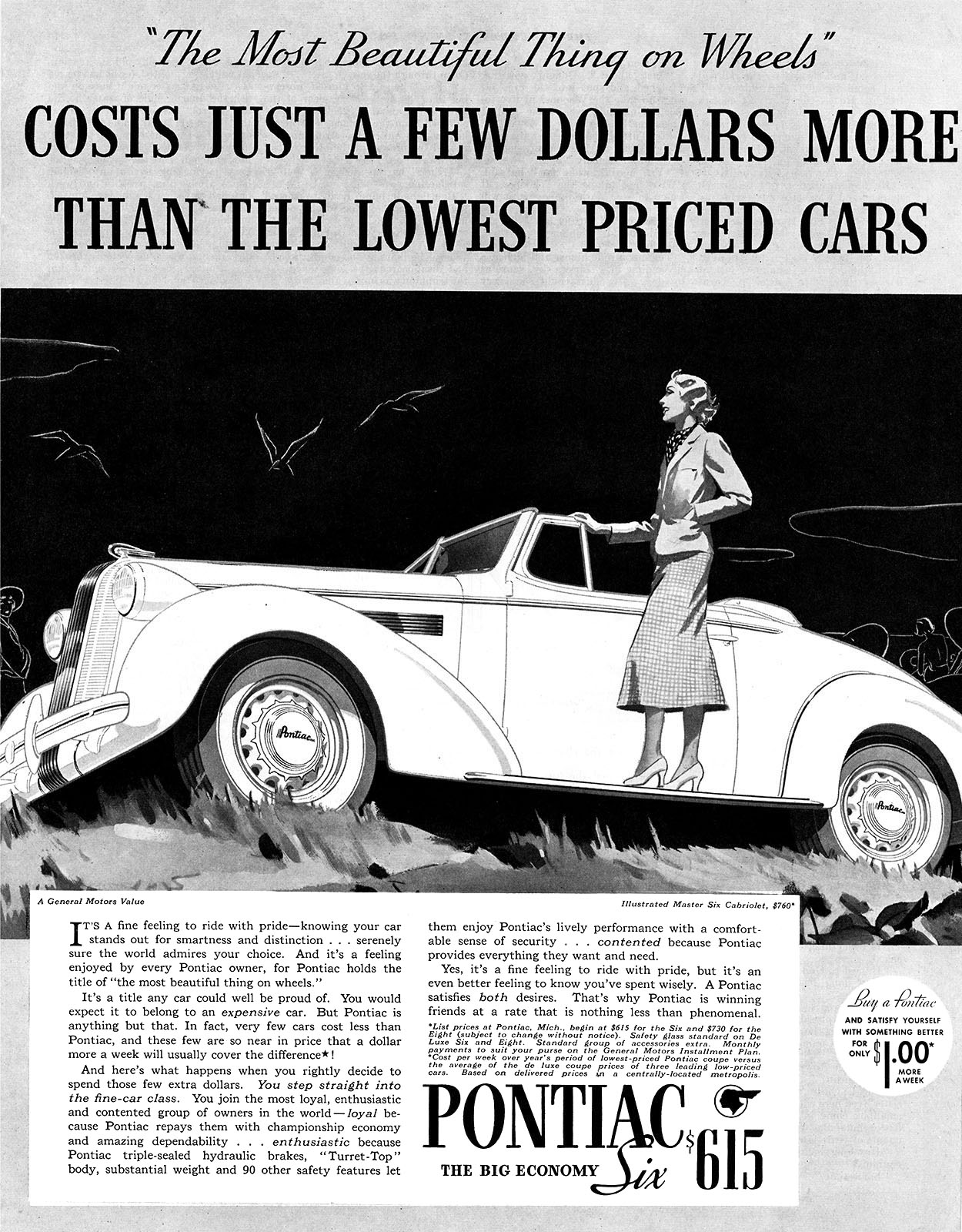 Pontiac Master Six Cabriolet Ad (1936): Costs just a few dollars more than the lowest priced cars