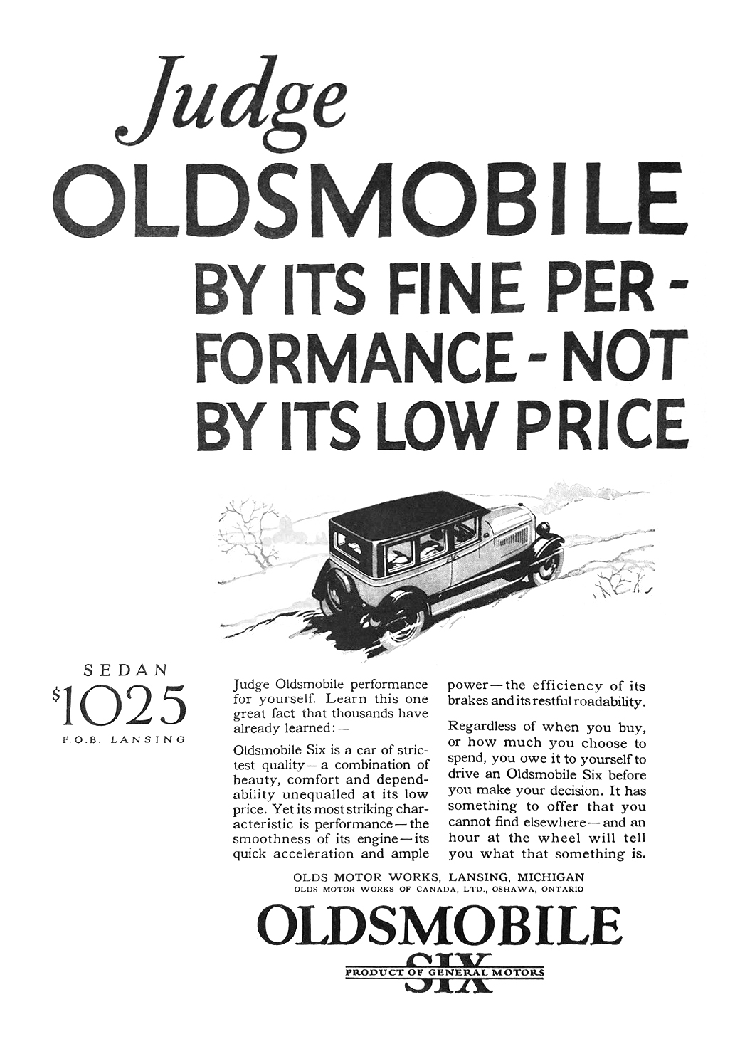 Oldsmobile Six Sedan Ad (February, 1926): Judge Oldsmobile by its fine performance, not by its low price