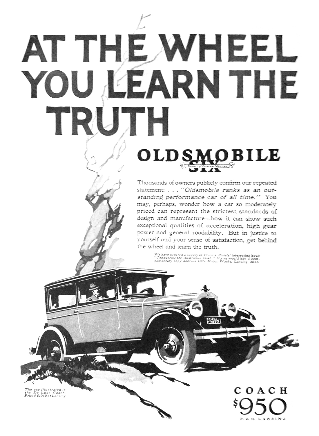 Oldsmobile Six DeLuxe Coach Ad (May, 1926): At the wheel you learn the truth