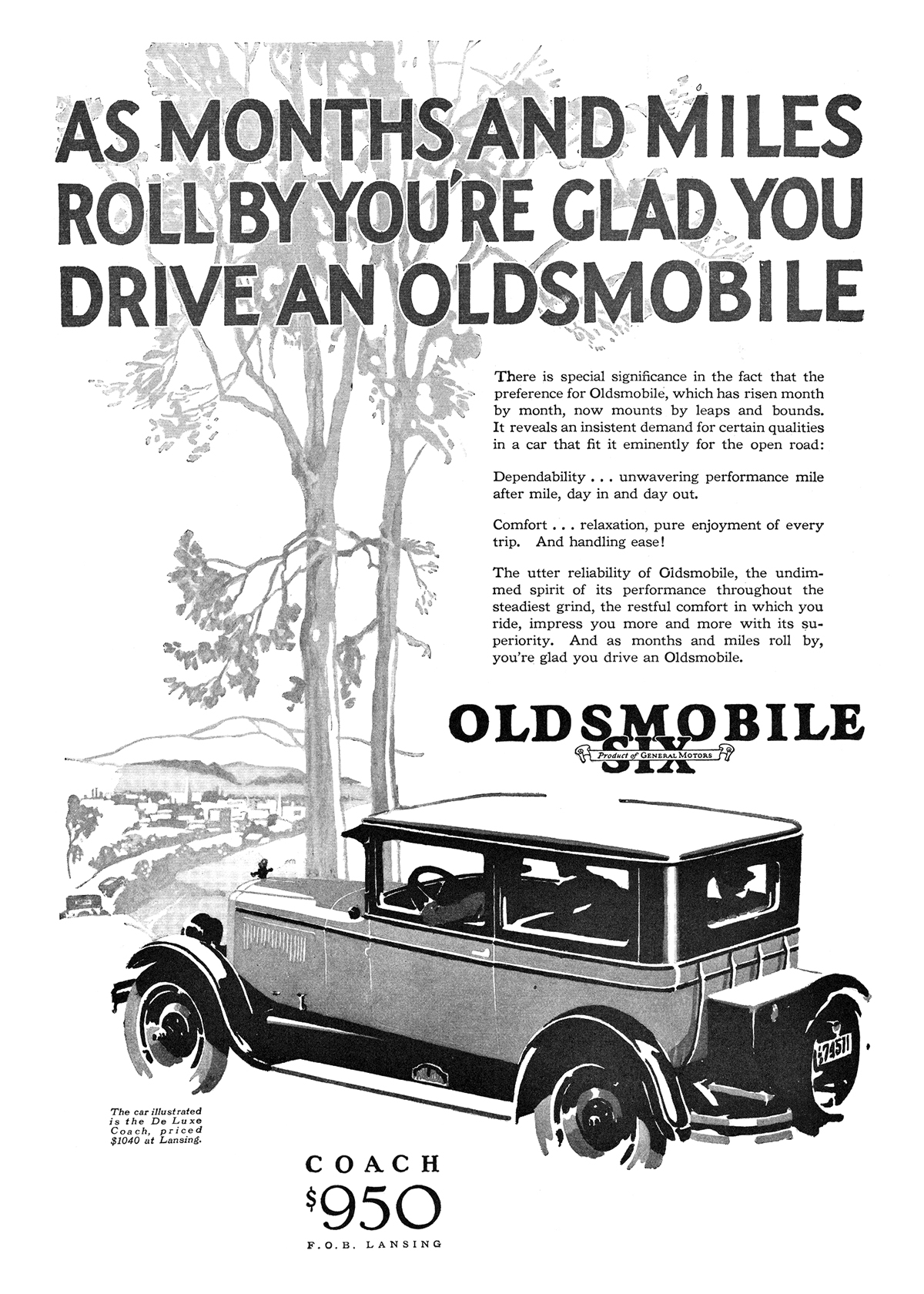 Oldsmobile Six DeLuxe Coach Ad (June-July, 1926): As months and miles roll by you're glad you drive an Oldsmobile