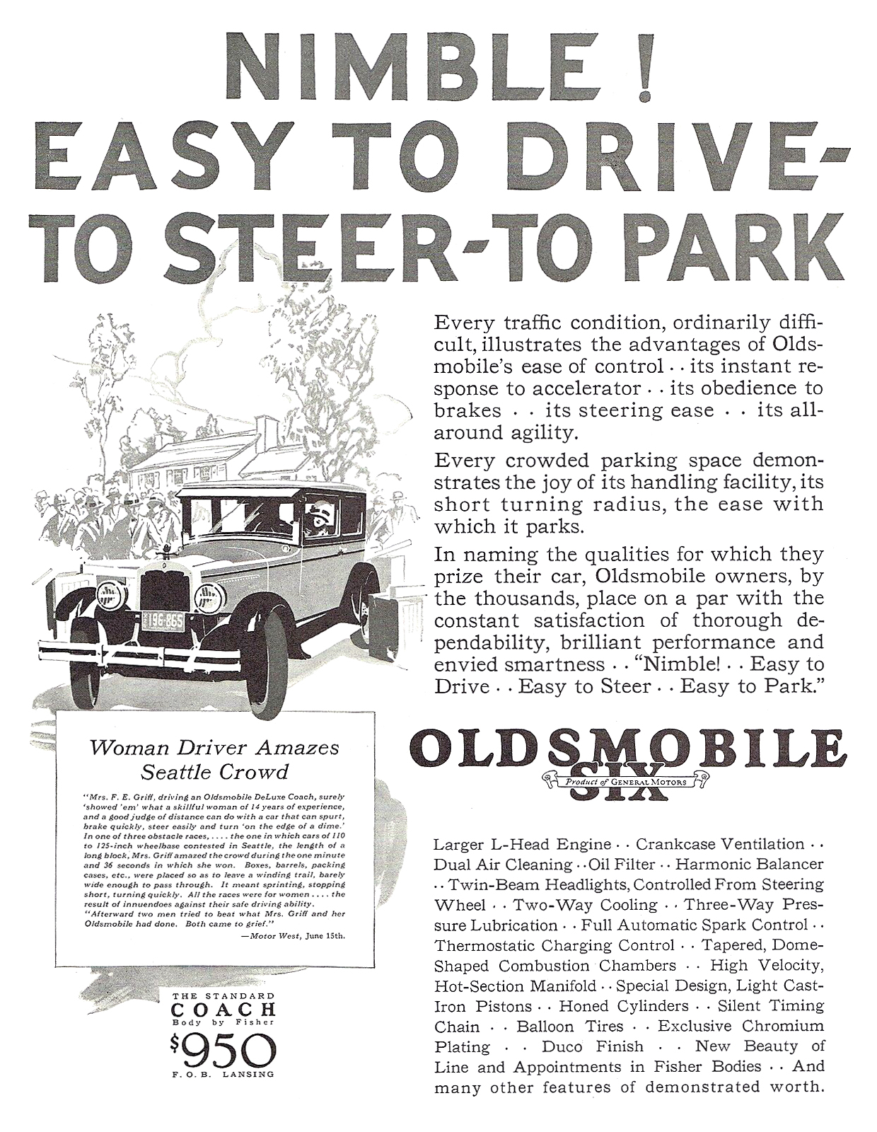 Oldsmobile Six Standard Coach Ad (October-November, 1926): Nimble! Easy to drive, to steer, to park