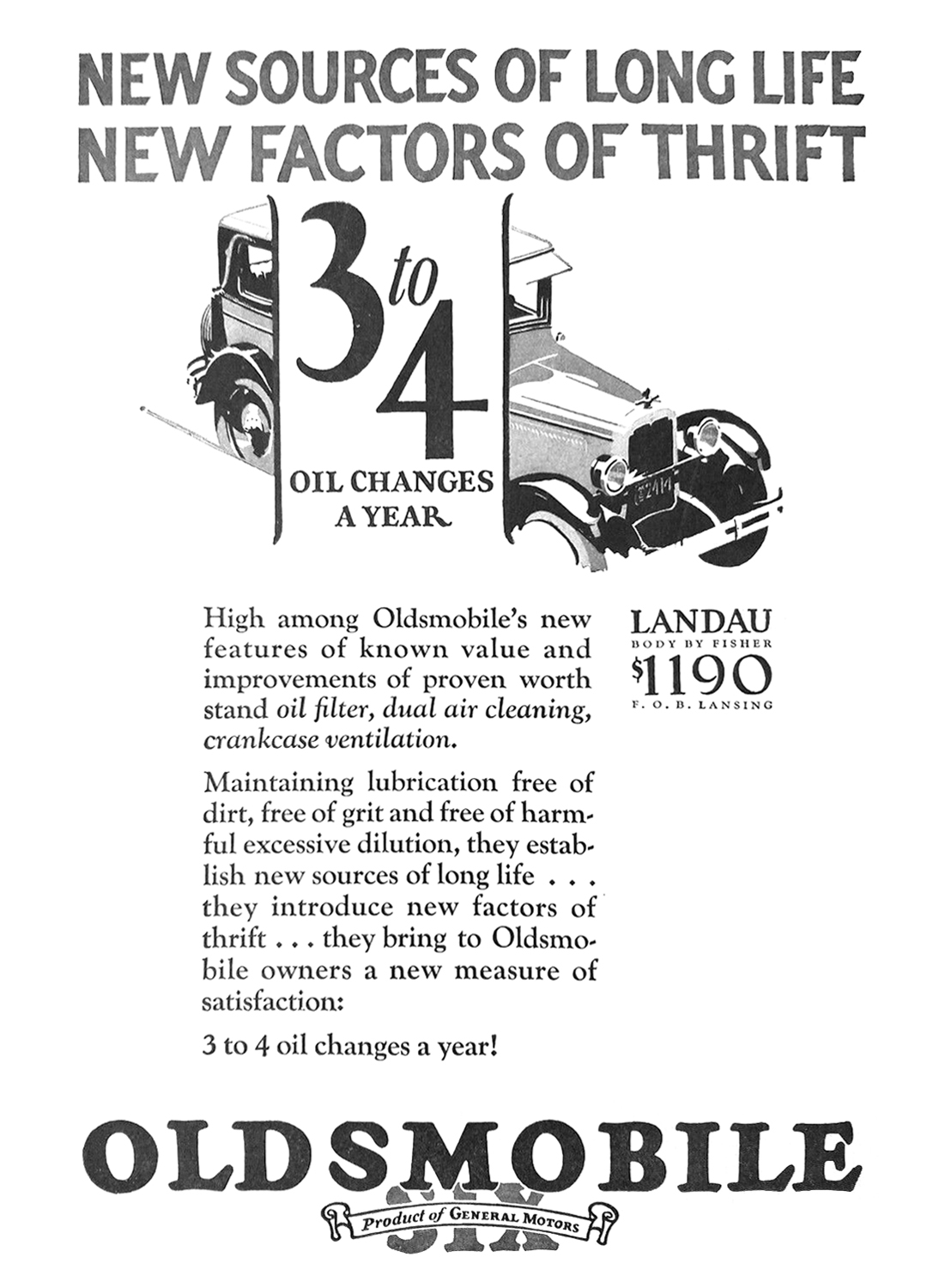 Oldsmobile Six Landau Ad (November, 1926): New sources of long life, new factors of thrift