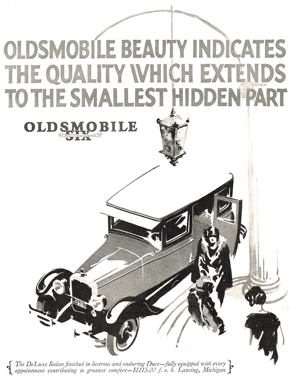 Oldsmobile Six DeLuxe Sedan Ad (February-March, 1926): Oldsmobile beauty indicates the quality which extends to the smallest hidden part - Illustrated by Fred Cole