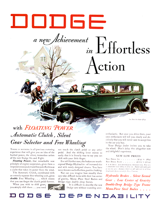 Dodge Six Sedan Ad (January, 1932) - Illustrated by ?Fred Cole