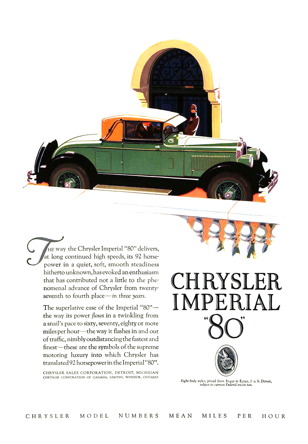 Chrysler Imperial "80" Ad (April, 1927): Roadster - Illustrated by Frank Quail