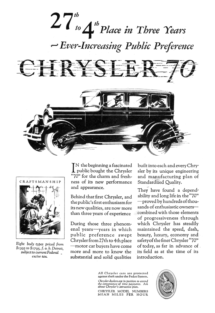 Chrysler "70" Ad (March, 1927): Craftsmanship - Illustrated by Fred Cole