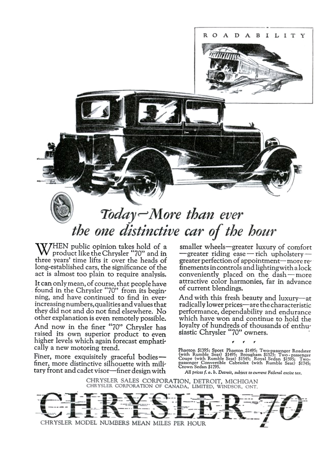 Chrysler "70" Ad (February, 1927): Roadability - Illustrated by Fred Cole