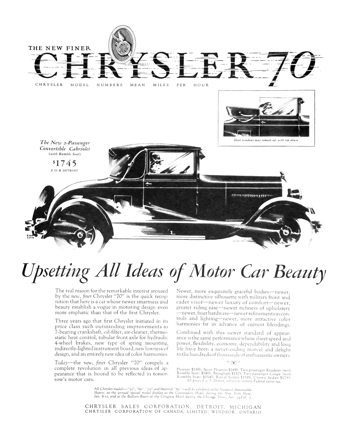 Chrysler "70" 2-Passenger Convertible Cabriolet Ad (January, 1927) - Illustrated by Fred Cole