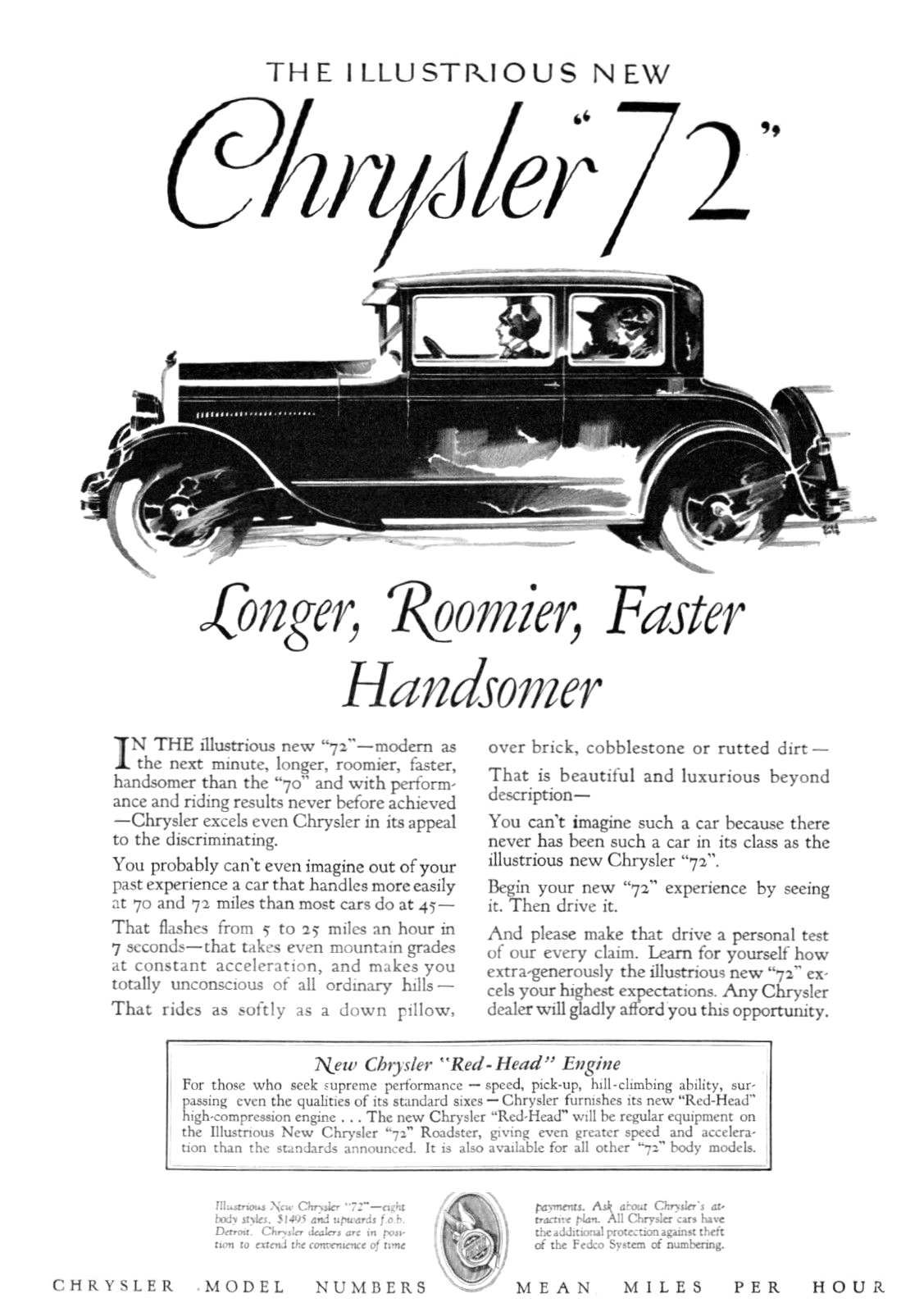 Chrysler "72" Ad (August, 1927): Longer, Roomier, Faster, Handsomer - Illustrated by Fred Cole