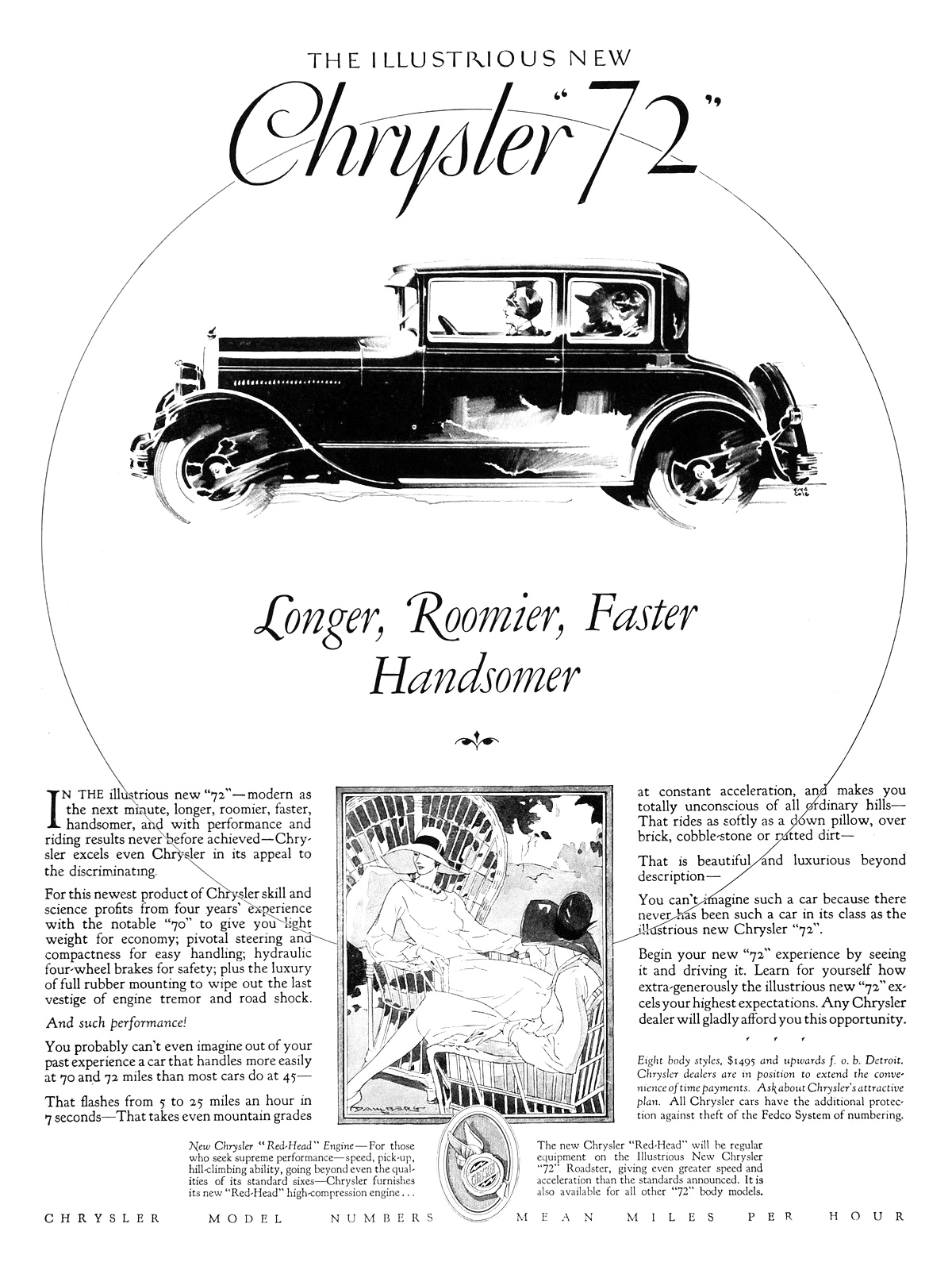 Chrysler "72" Ad (September-October, 1927): Longer, Roomier, Faster, Handsomer - Illustrated by Fred Cole and Edwin Dahlberg