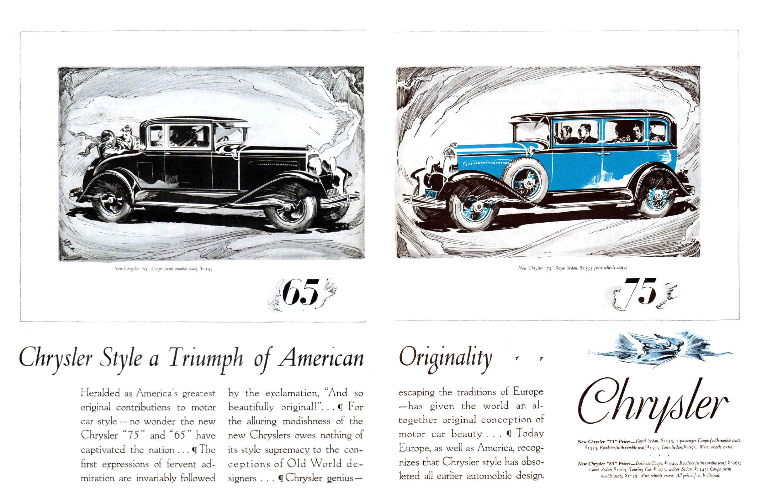 Chrysler "65" Coupe and "75" Royal Sedan Ad (September, 1928) - Illustrated by Fred Cole