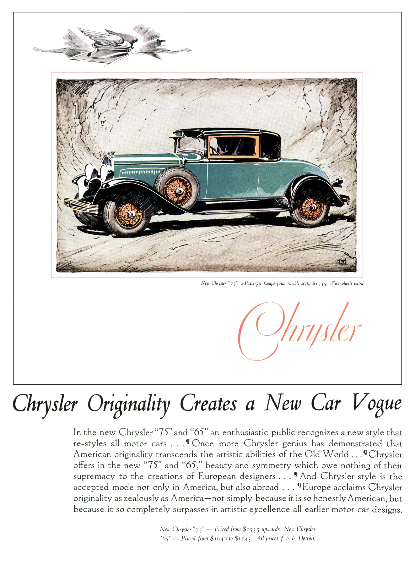 Chrysler "75" 2-Passenger Coupe Ad (November, 1928) - Illustrated by Fred Cole