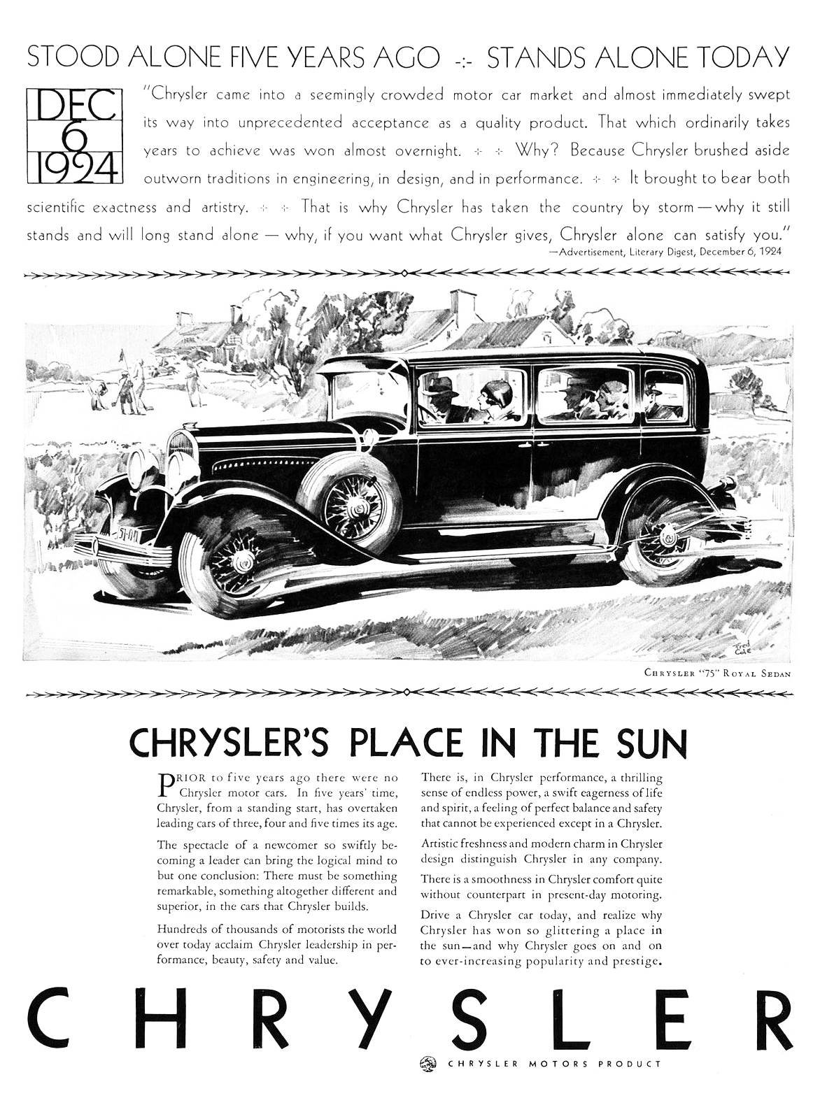 Chrysler "75" Royal Sedan Ad (January, 1929) - Illustrated by Fred Cole