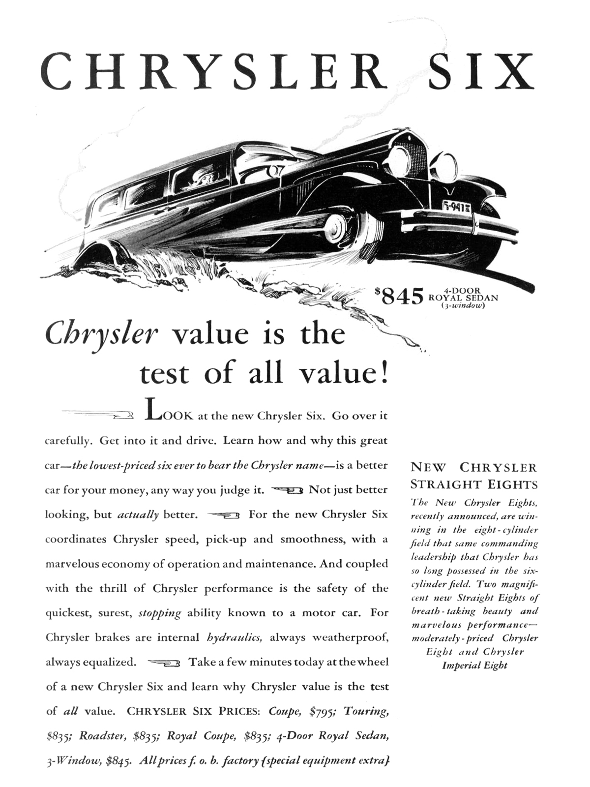 Chrysler Six 4-Door Royal Sedan Ad (August, 1930) - Illustrated by Fred Cole