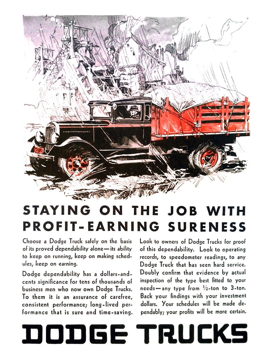 Dodge Trucks Ad (April, 1930) - Illustrated by Fred Cole