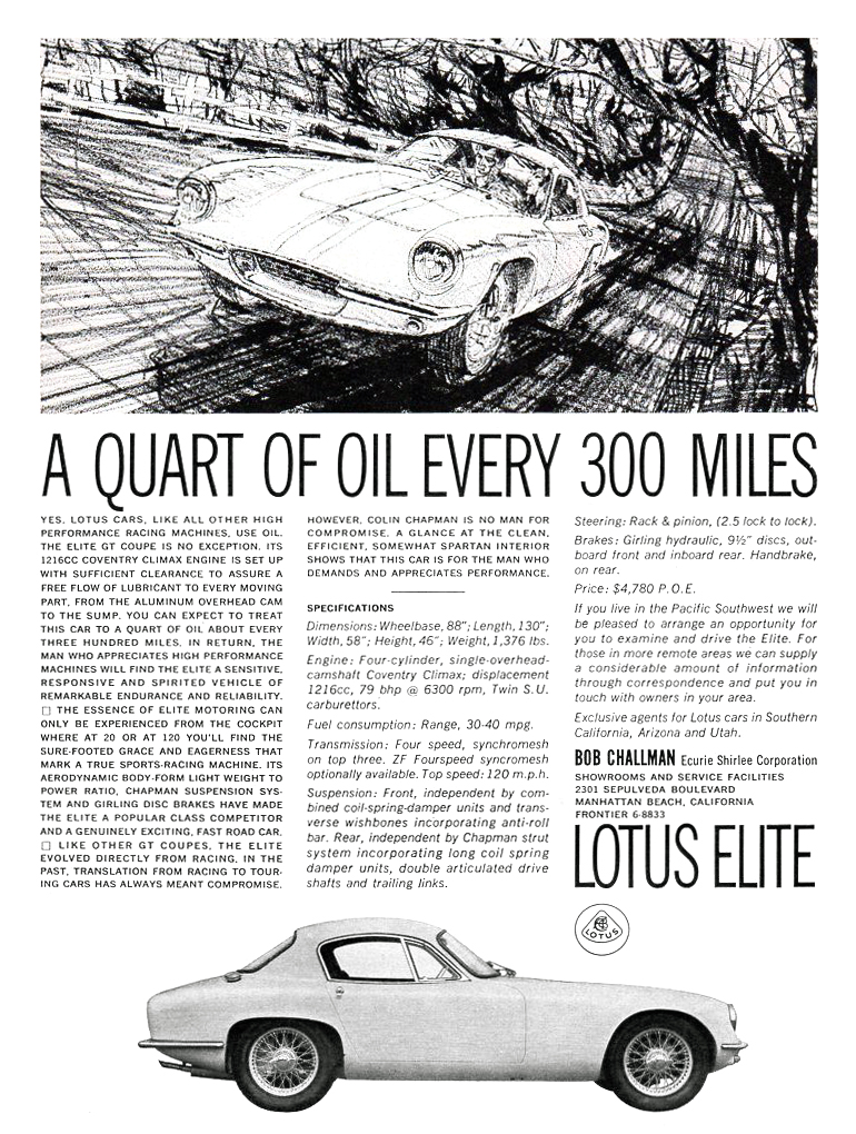 Lotus Elite Coupe Ad (1963) - A quart of oil every 300 miles