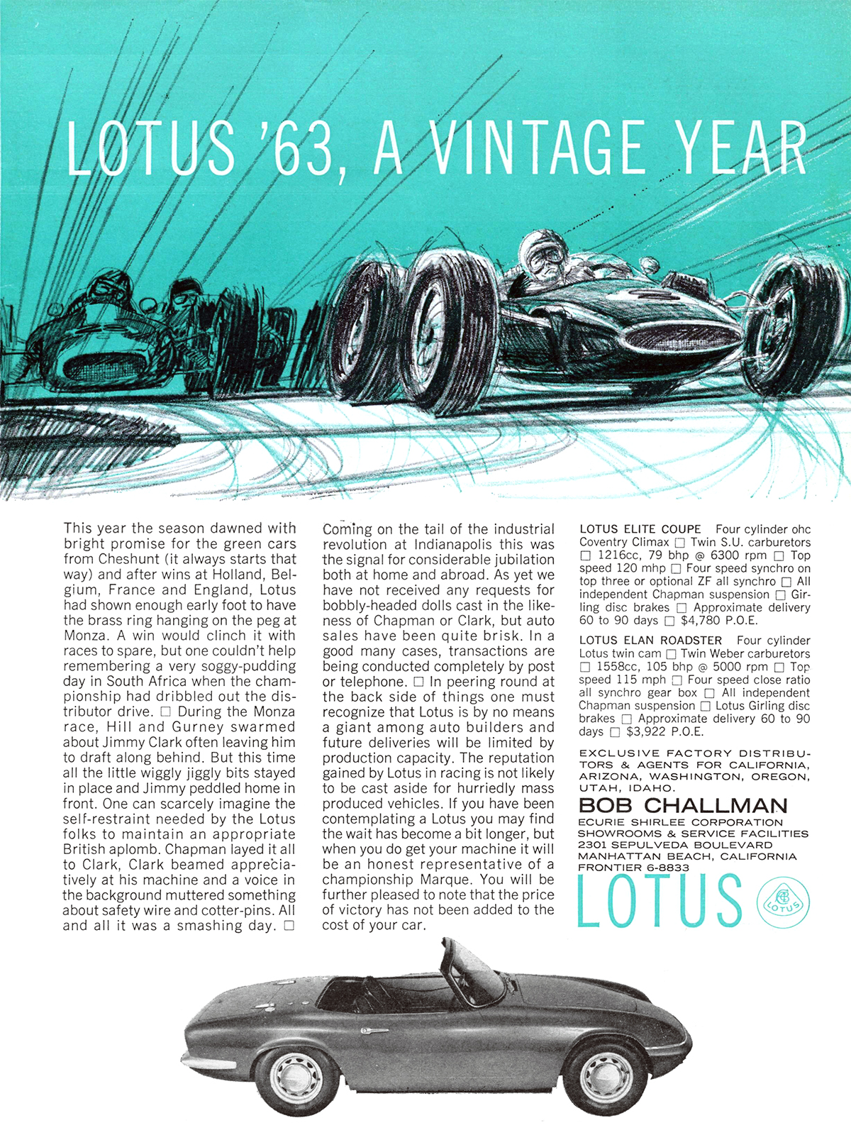 Lotus Elan Roadster and Elite Coupe Ad (1964) - Lotus '63, a vintage year