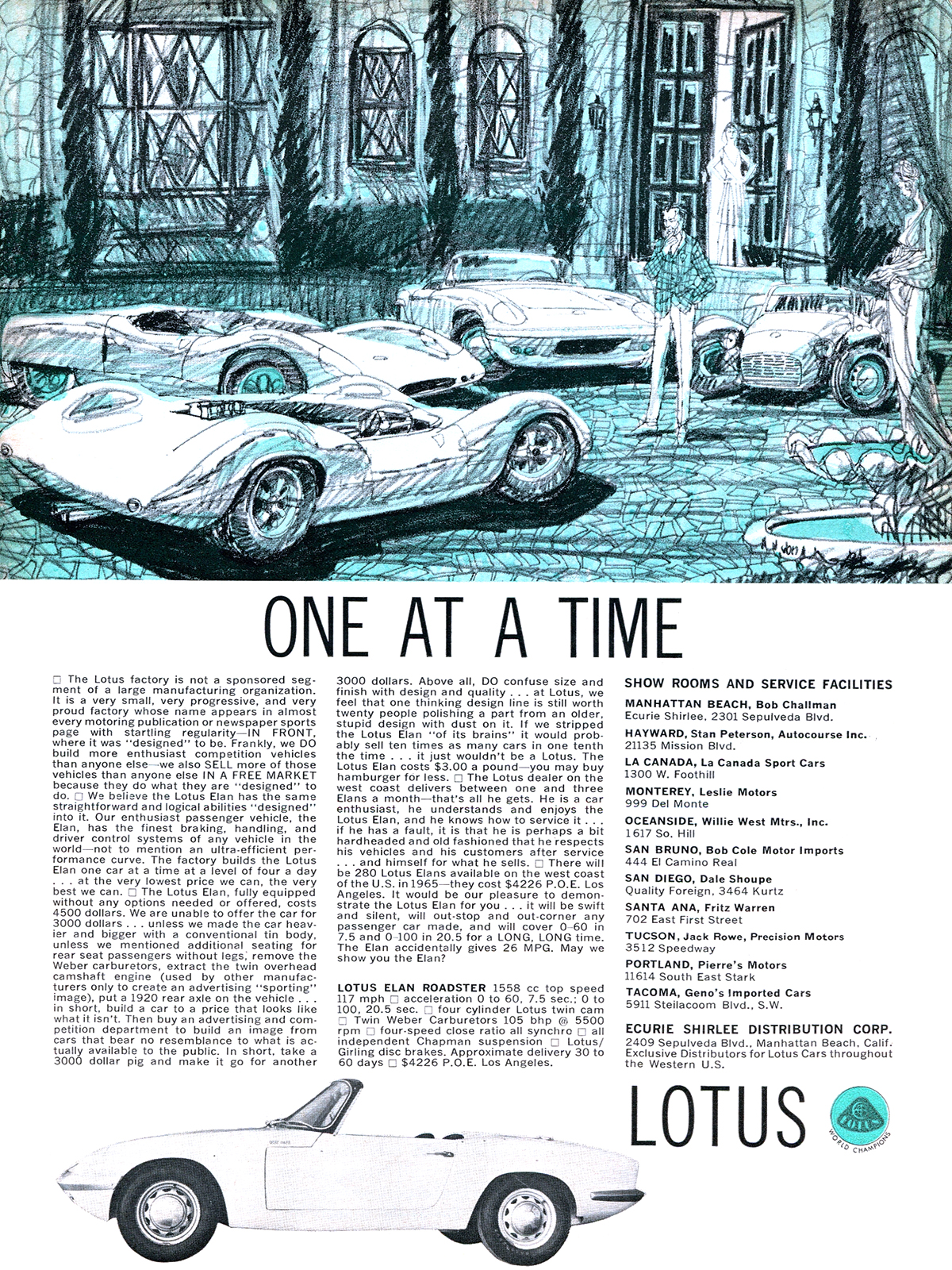 Lotus Elan Roadster Ad (July, 1965) - One at a time