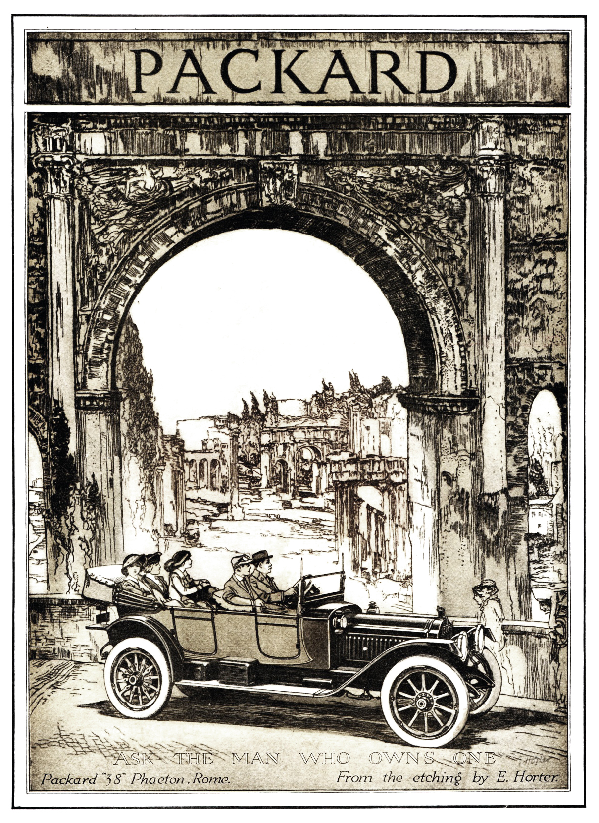 Packard '38' Phaeton Ad (March–June, 1913): Rome - From the etching by Earl Horter