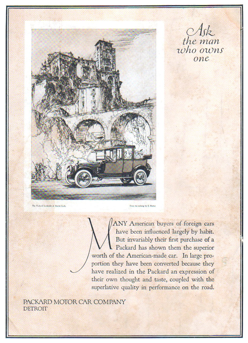 Packard Ad (November, 1914): The Packard Landaulet at Monre Carlo - From the etching by Earl Horter