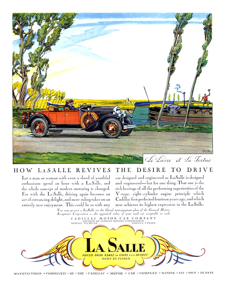 Cadillac/LaSalle Ad (September, 1927): Le Lièvre et La Tortue - Illustrated by Edward A. Wilson
