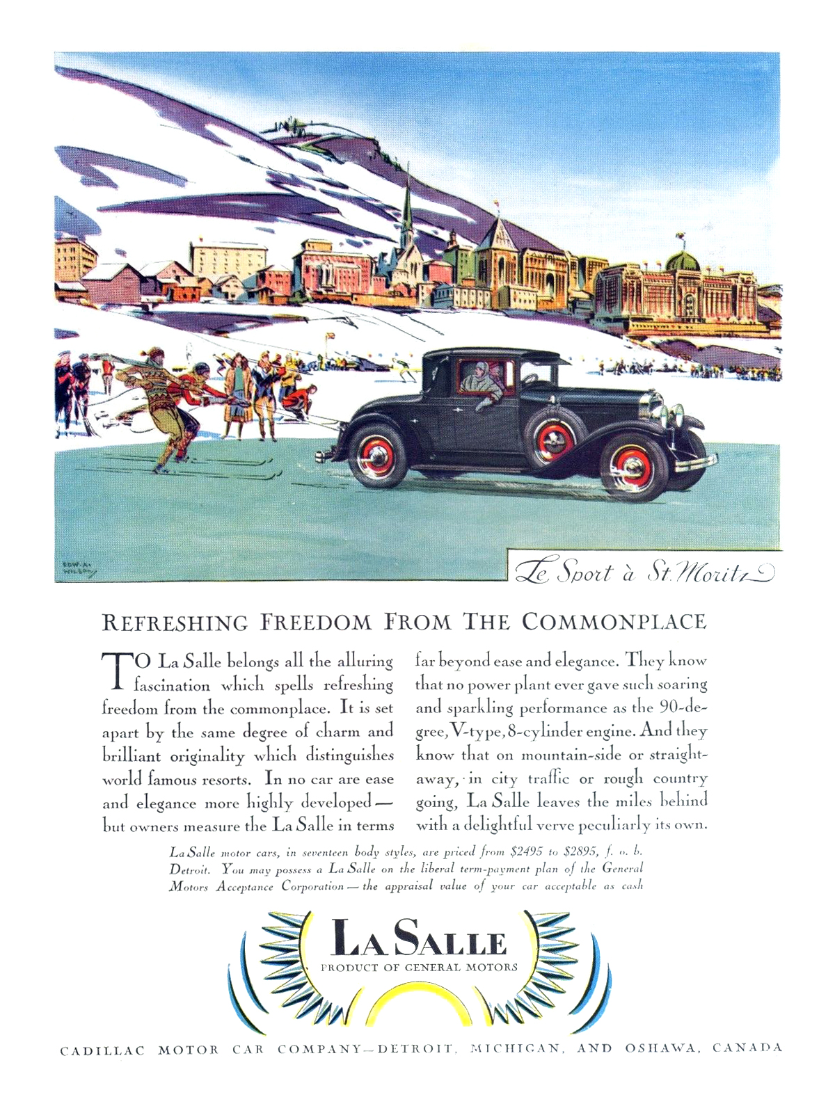 Cadillac/LaSalle Ad (January-February, 1928): Le Sport à St. Moritz - Illustrated by Edward A. Wilson