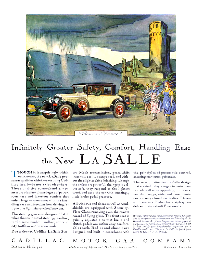 Cadillac/LaSalle Ad (December, 1928): Bonne Chance! - Illustrated by Edward A. Wilson