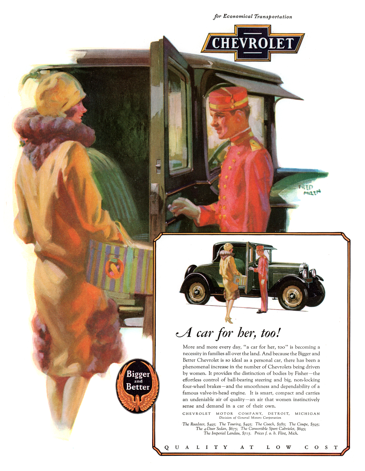 Chevrolet Ad (October, 1928): A car for her, too! - Illustrated by Fred Mizen