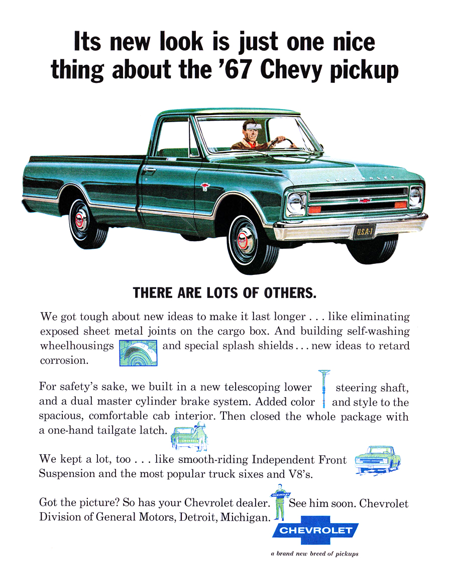 Chevrolet Fleetside Pickup Ad (February, 1967): Its new look is just one nice thing about the '67 Chevy pickup