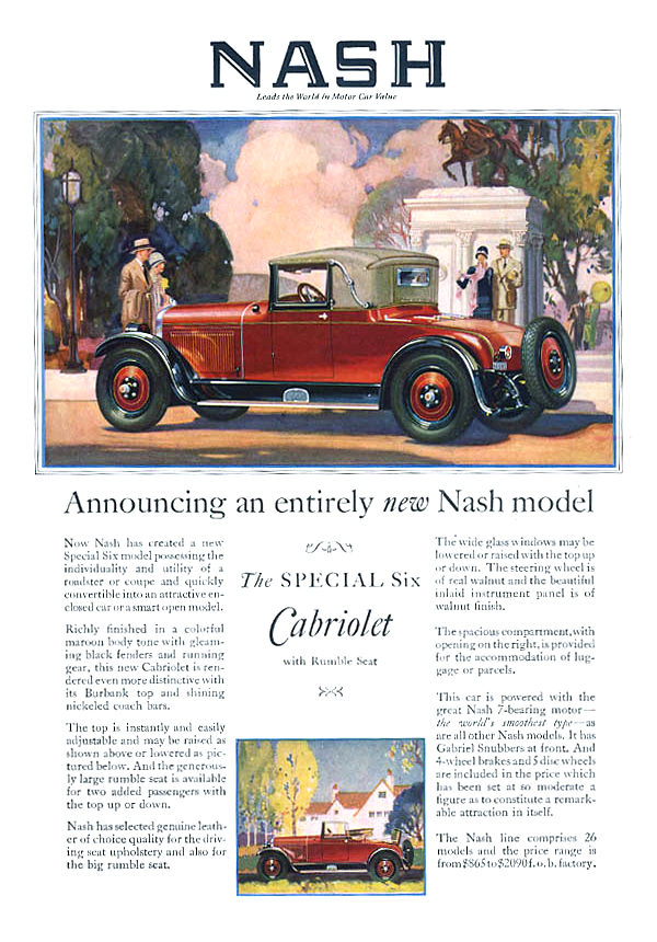 Nash Special Six Cabriolet with Rumble Seat Ad (May, 1927): Announcing an entirely new Nash model