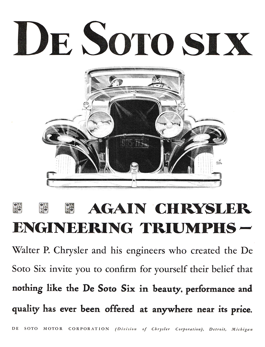 DeSoto Six Ad (August, 1928): Again Chrysler Engineering Triumphs - Illustrated by George Shepherd?