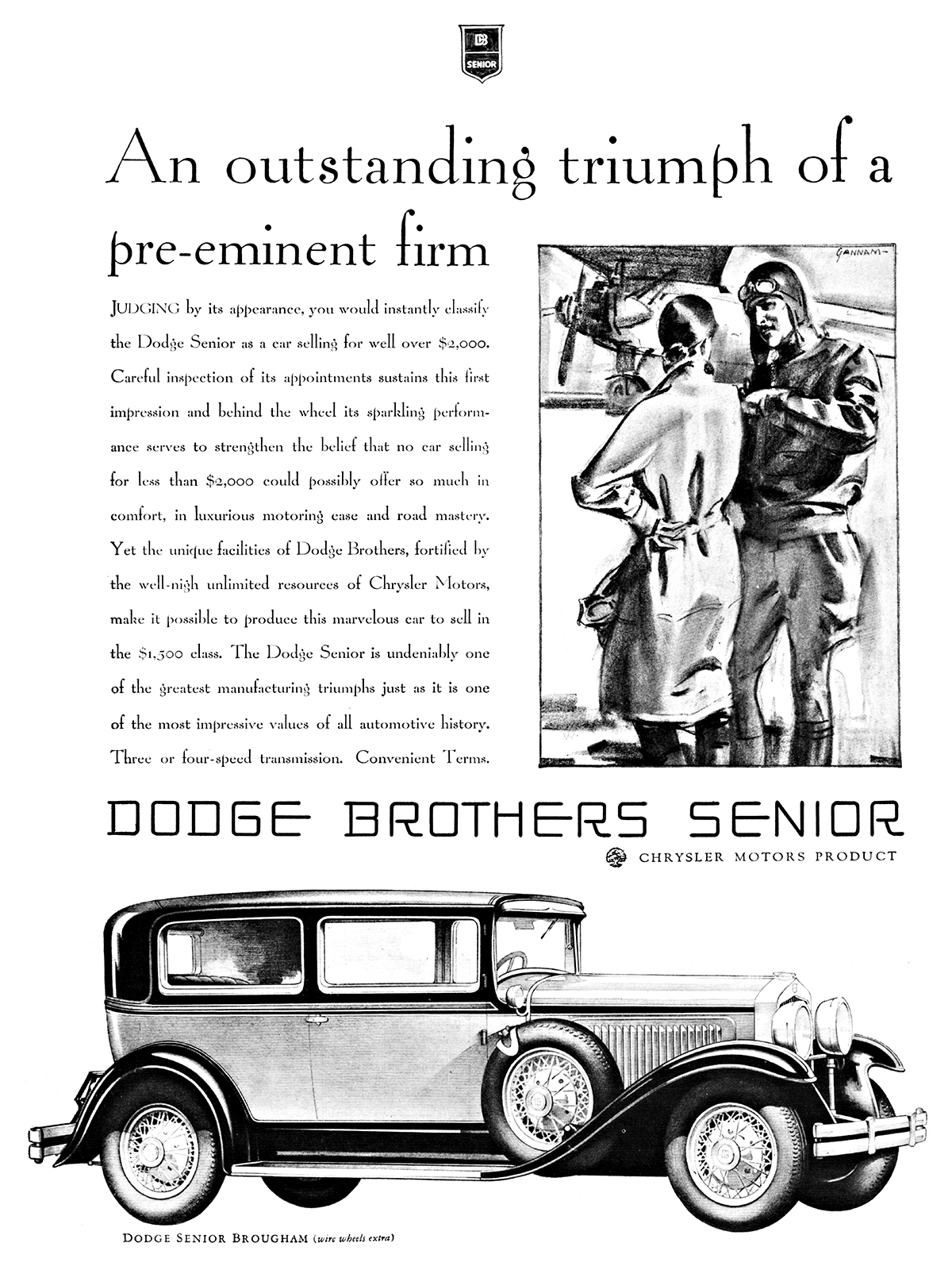 Dodge Senior Brougham Ad (September, 1929): An outstanding triumph of a pre-eminent firm - Illustrated by John Gannam