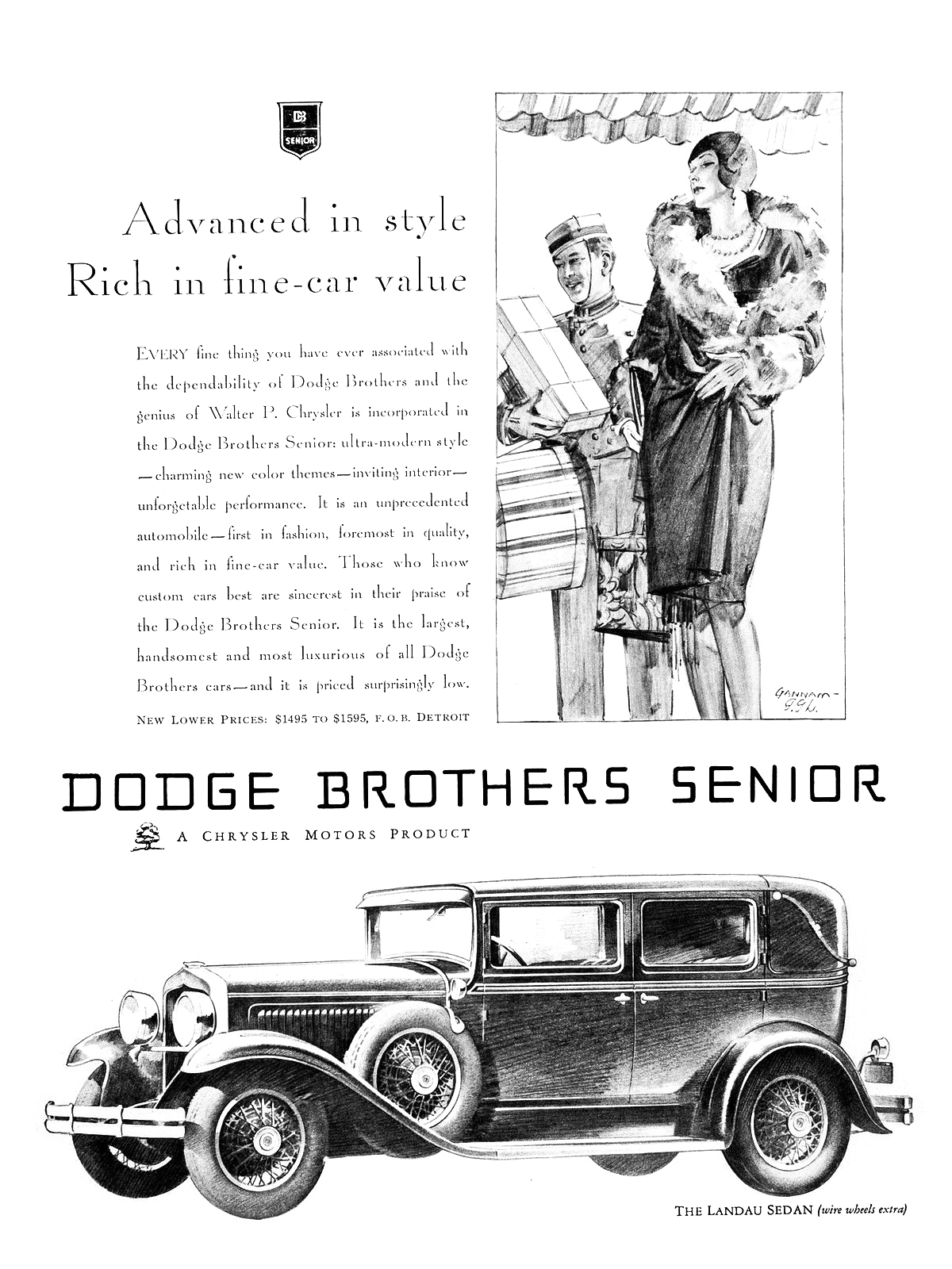 Dodge Senior Landau Sedan Ad (March, 1929): Advanced in Style, Rich in fine-car value - Illustrated by John Gannam