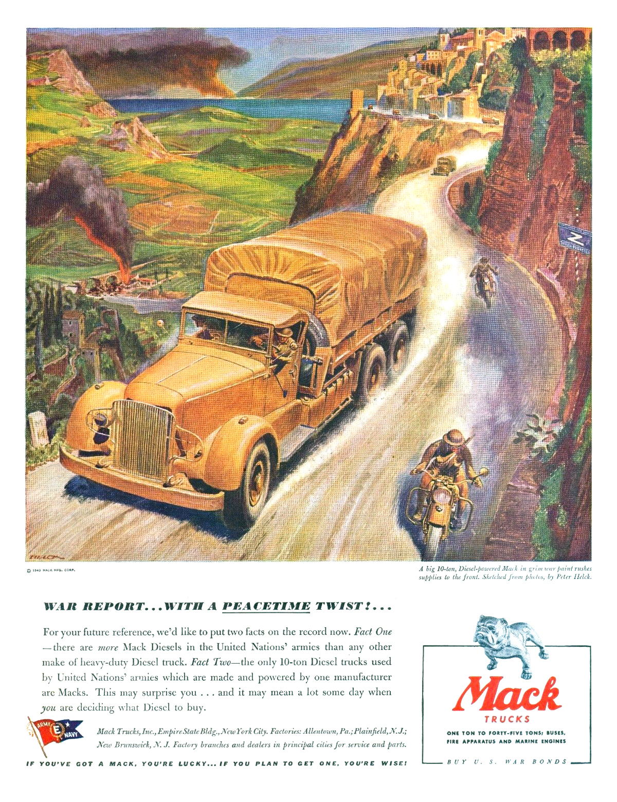 Mack Trucks Ad (September, 1943): War Report... With a Peacetime Twist!... - Illustrated by Peter Helck