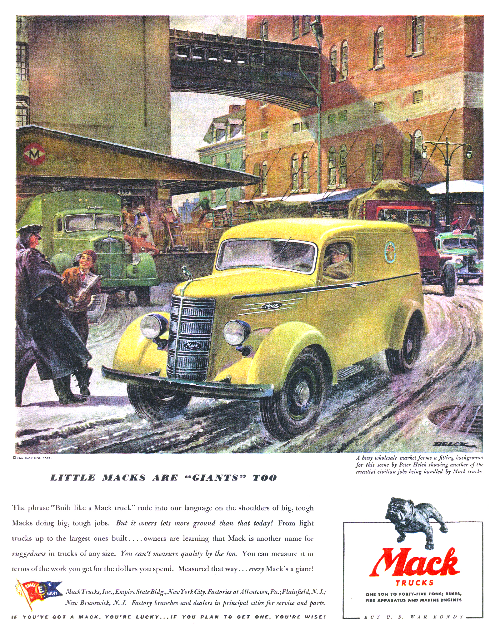 Mack Trucks Ad (1944): Little Macks are "giants" too - Illustrated by Peter Helck