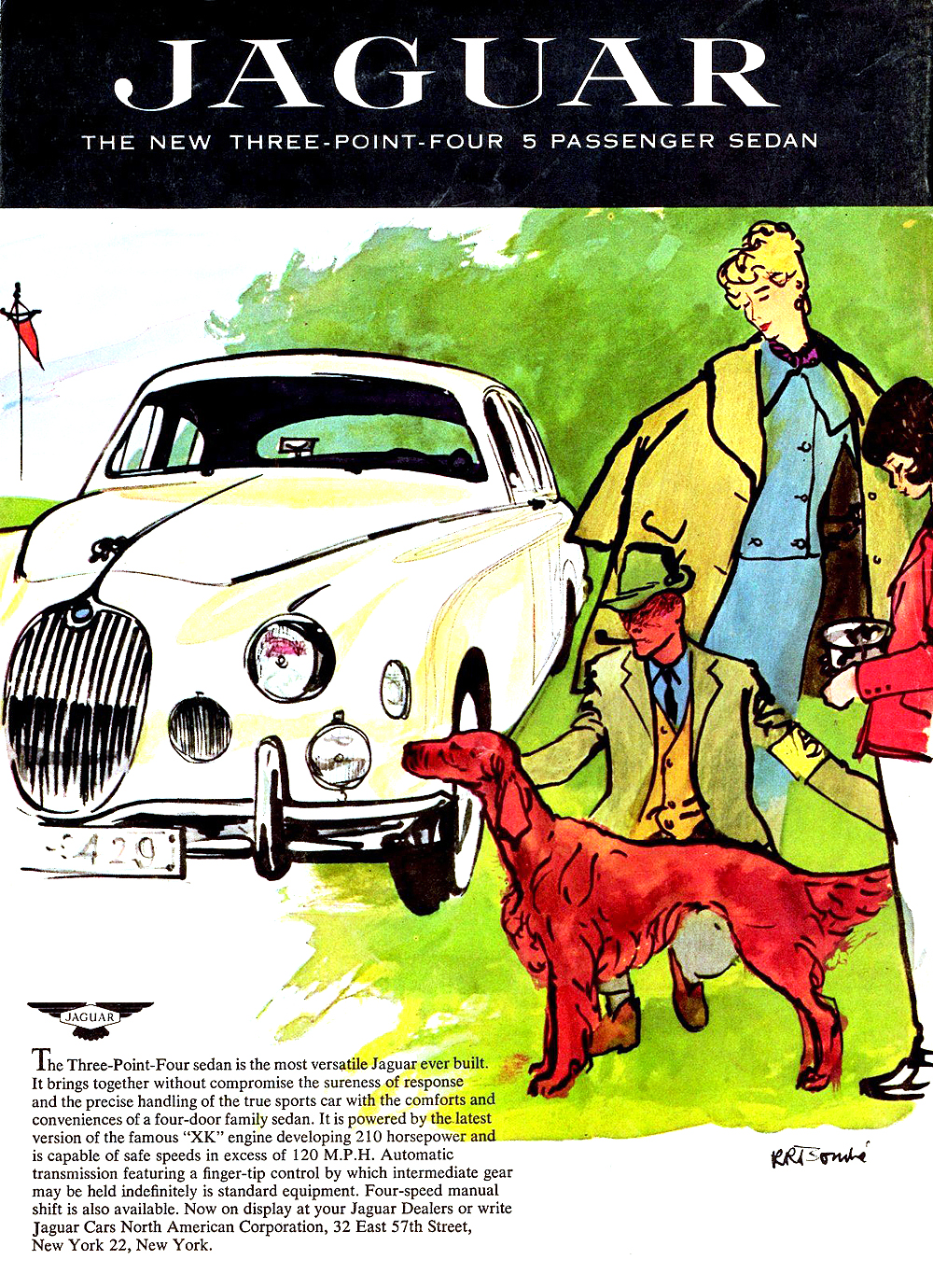 Jaguar 3.4 5 Passenger Sedan Ad (July, 1957): Illustrated by René Bouché