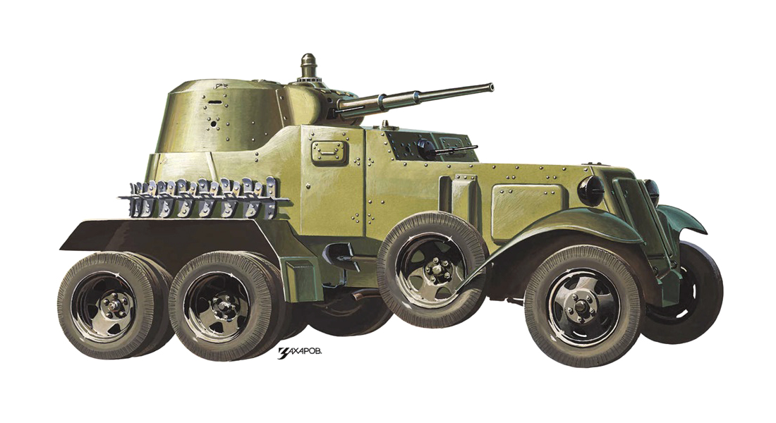 Бронеавтомобиль БА–10 (На укороченном шасси ГАЗ–ААА), 1938–1942 – Рисунок А. Захарова / Из коллекции «За рулём» 1981-5-6