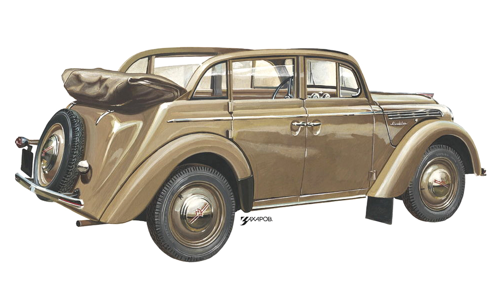 Москвич–400-420А Кабриолет, 1949–1954 (1947) – Рисунок А. Захарова / Из коллекции «За рулём» 1980-3