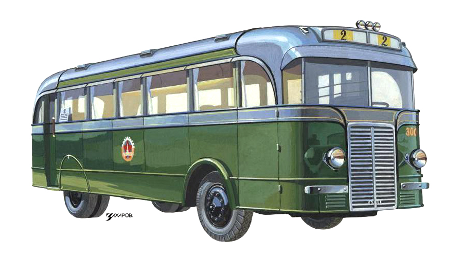 Опытный НИИГТ (Первый отечественный автобус вагонной компоновки), 1937 – Рисунок А. Захарова / Из коллекции «За рулём» 1983-8