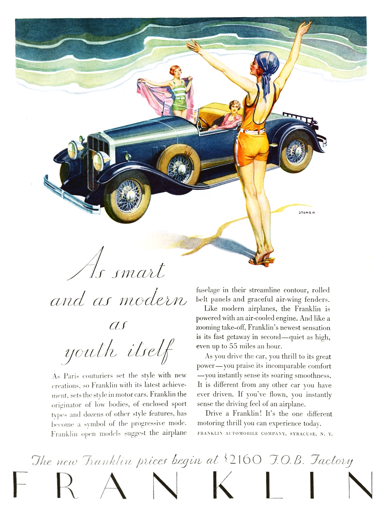 Franklin Roadster Ad (June, 1929): Illustrated by Elmer Stoner