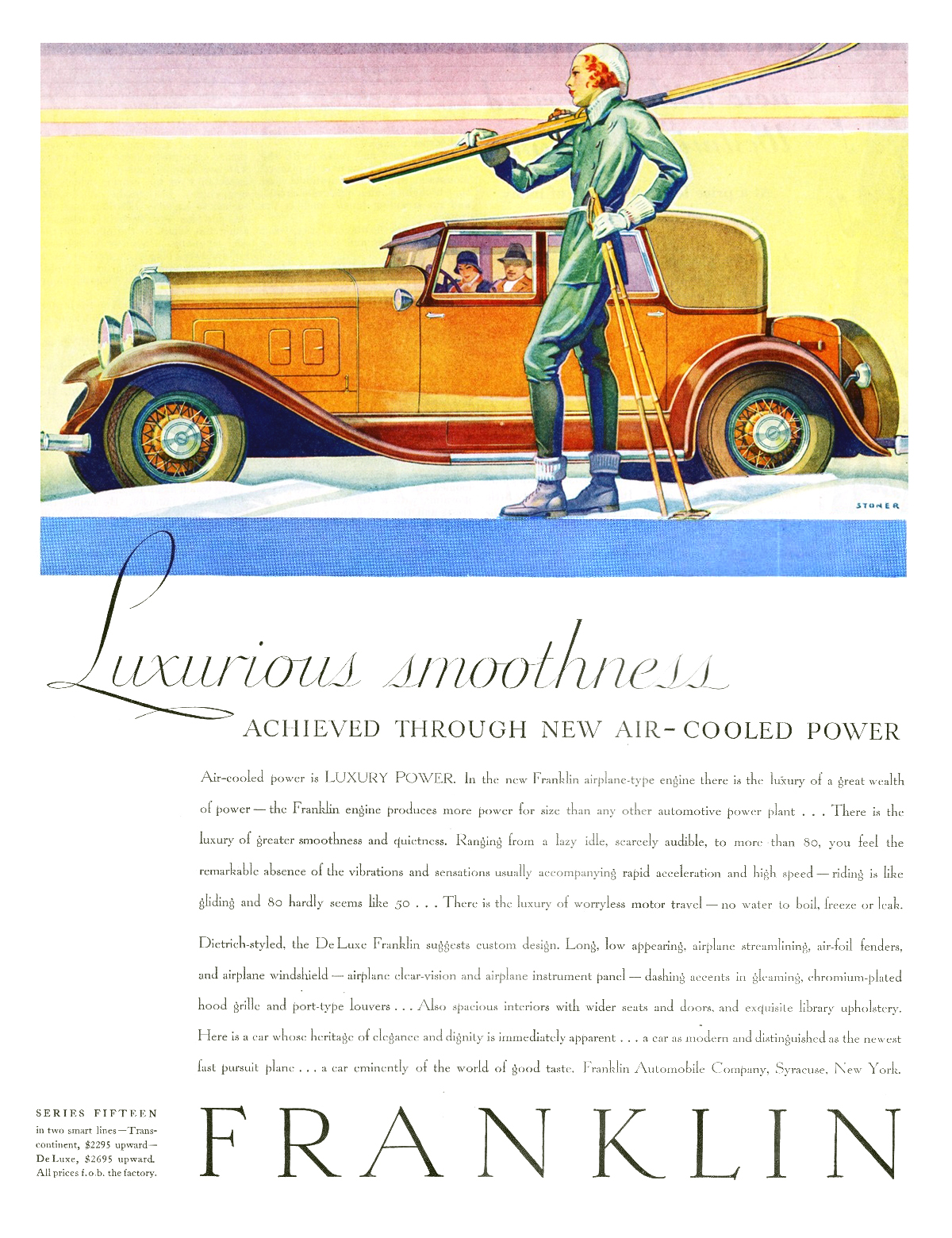 Franklin Series Fifteen DeLuxe Speedster Ad (January-February, 1931): Luxurious smoothness - Illustrated by Elmer Stoner