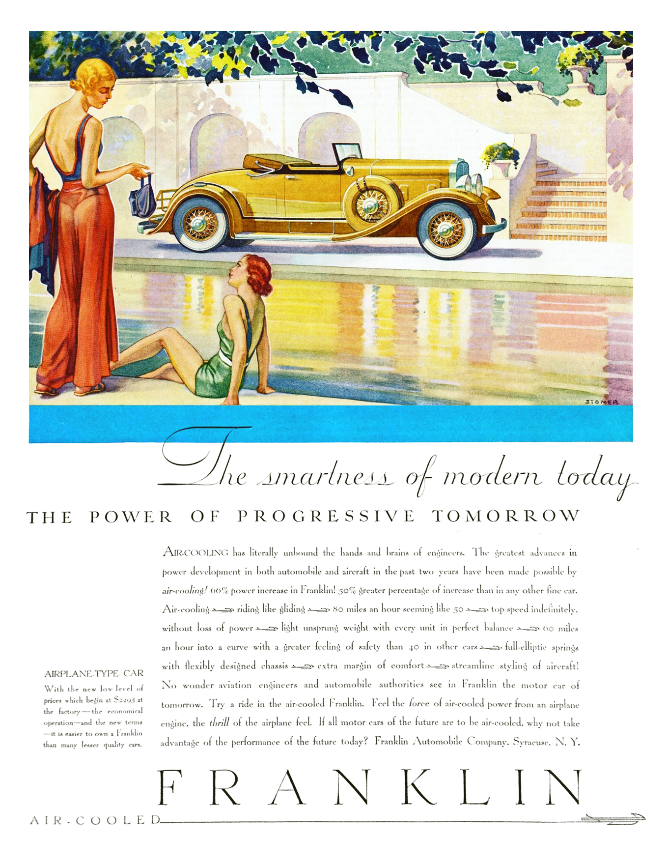 Franklin Series Fifteen DeLuxe Roadster Ad (July, 1931): Illustrated by Elmer Stoner