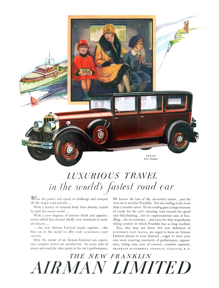 Franklin Airman Limited Ad (November, 1928): Sedan Seven Passengers - Illustrated by Raymond Thayer