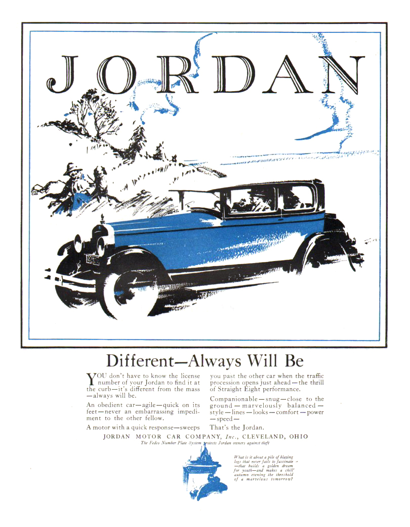 Jordan Straight Eight Ad (November, 1926): Different — Always Will Be - Illustrated by Fred Cole