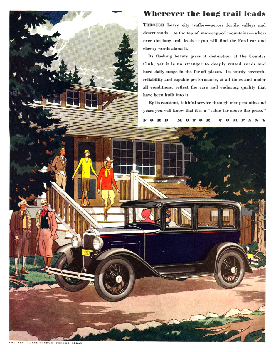 Ford Model A Three-Window Fordor Sedan Ad (September/August, 1930): Wherever the long trail leads