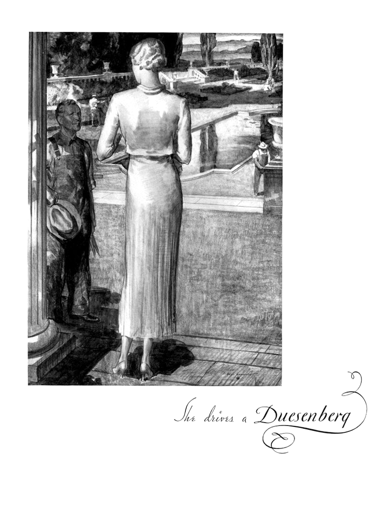 Duesenberg Ad (June, 1934): She Drives a Duesenberg - Illustrated by Paul Gerding