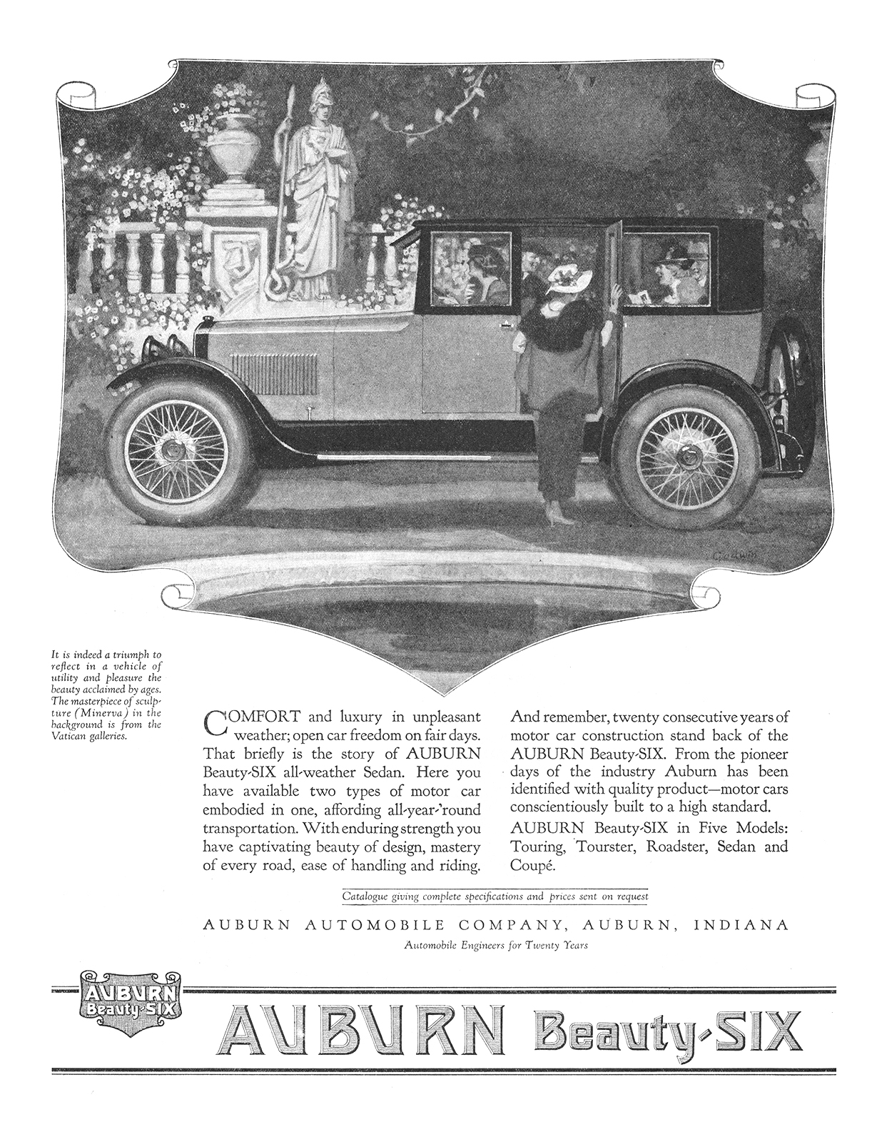 Auburn Beauty Six Ad (May, 1920): Minerva - Illustrated by Karl Godwin